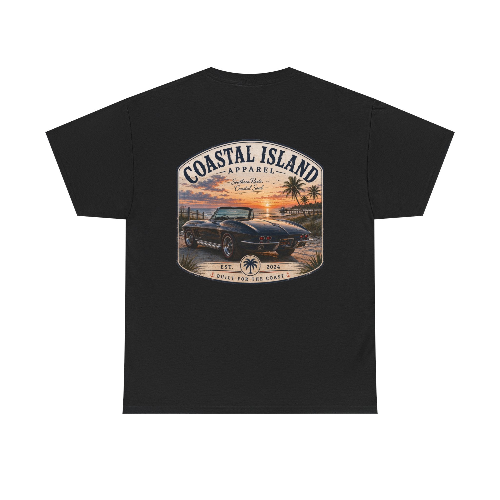 Coastal Island Vintage Car Sunset T-Shirt | Beach Palm Graphic Tee