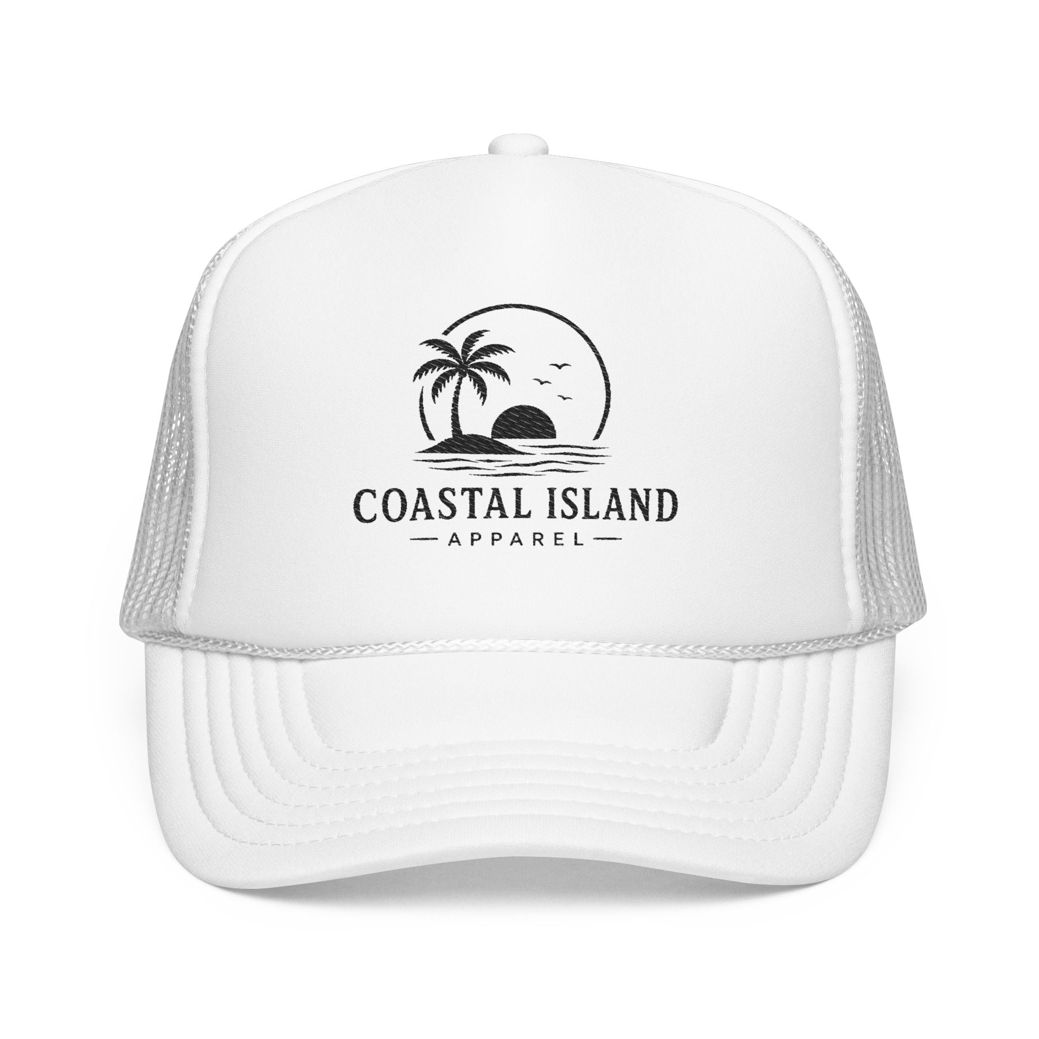 Coastal Island palm sunset Foam Trucker Hat | beach logo cap