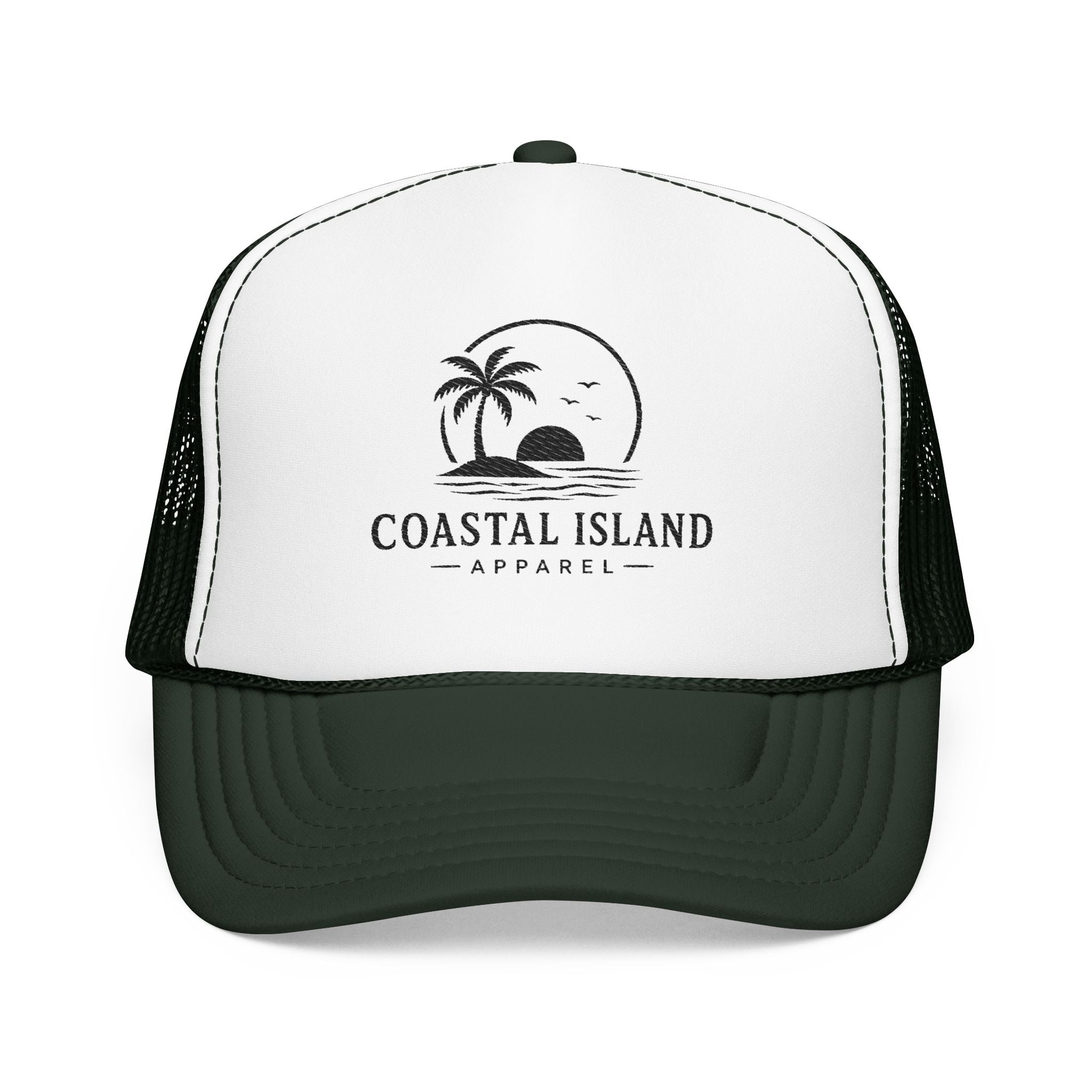 Coastal Island palm sunset Foam Trucker Hat | beach logo cap