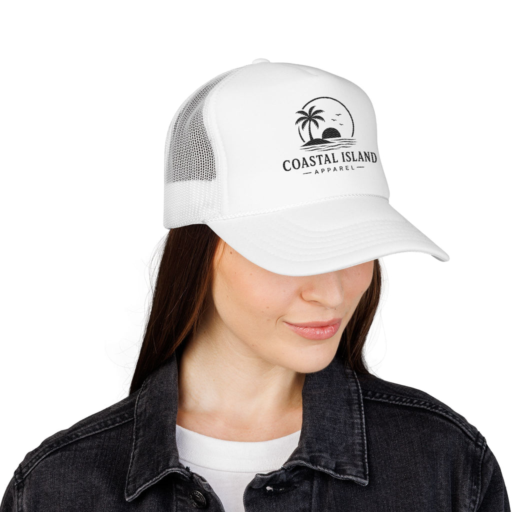 Coastal Island palm sunset Foam Trucker Hat | beach logo cap