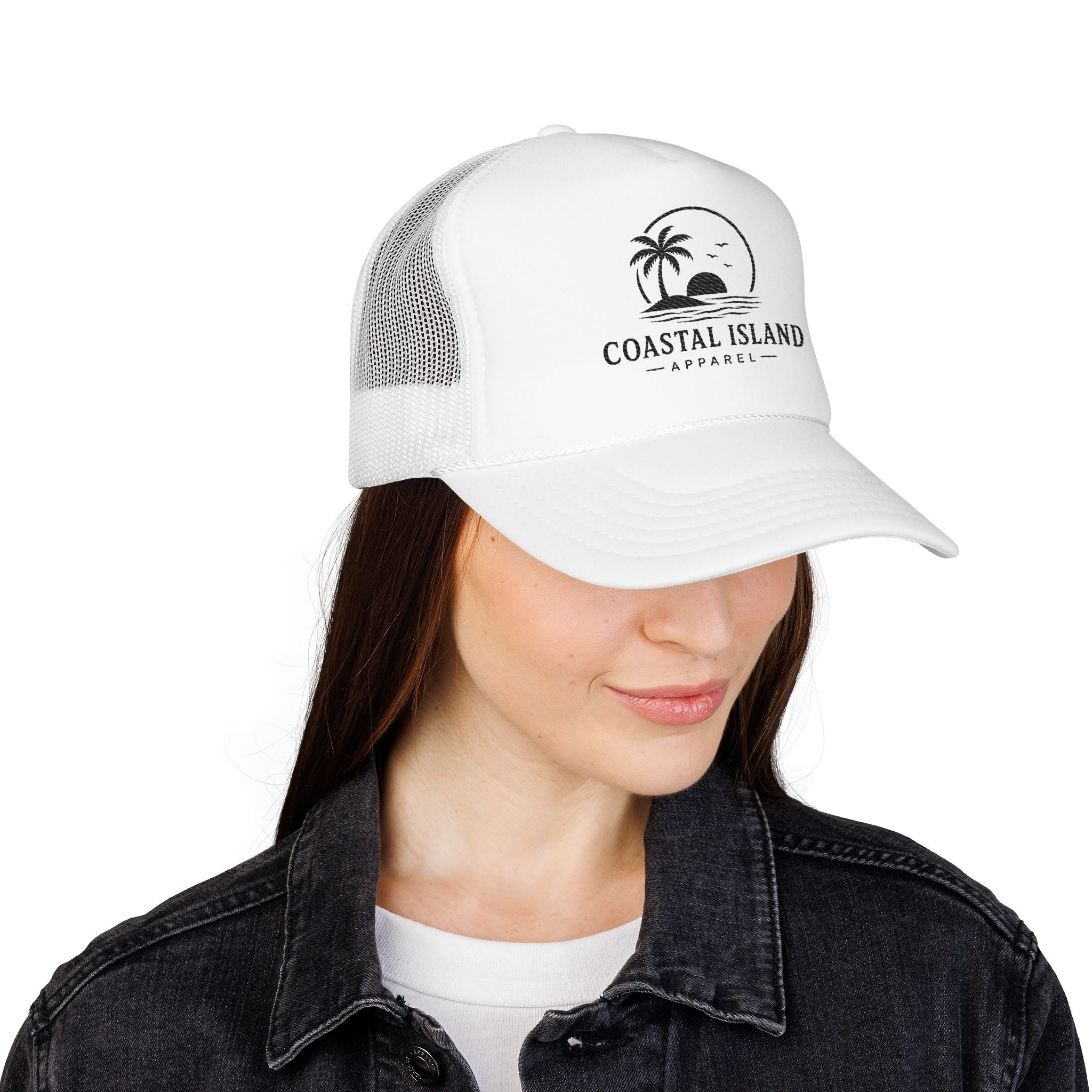 Coastal Island palm sunset Foam Trucker Hat | beach logo cap