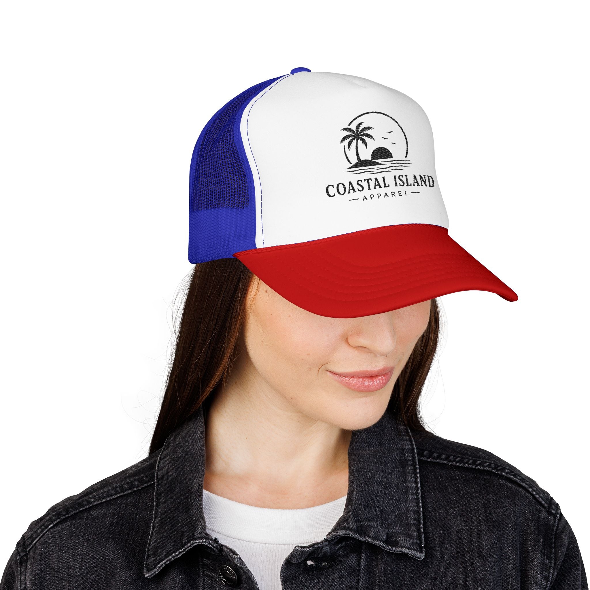 Coastal Island palm sunset Foam Trucker Hat | beach logo cap