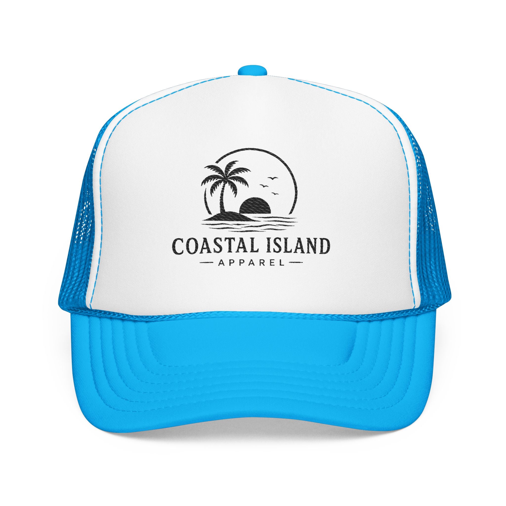 Coastal Island palm sunset Foam Trucker Hat | beach logo cap
