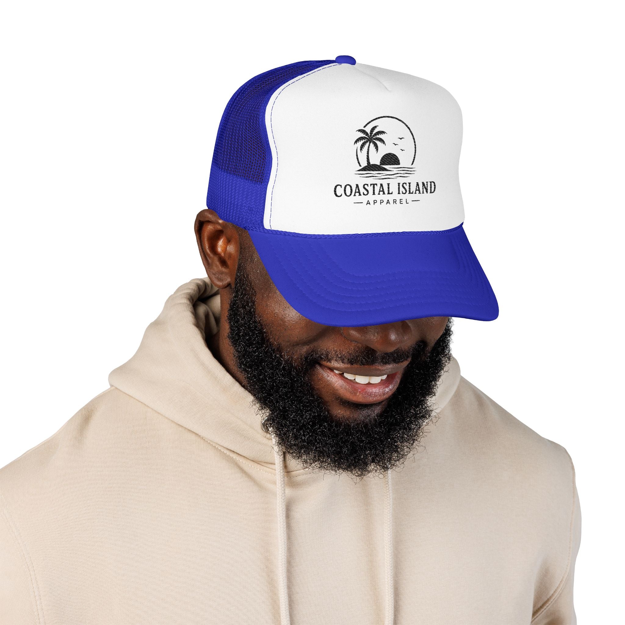 Coastal Island palm sunset Foam Trucker Hat | beach logo cap