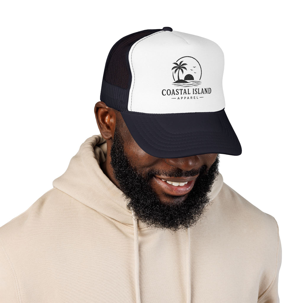 Coastal Island palm sunset Foam Trucker Hat | beach logo cap