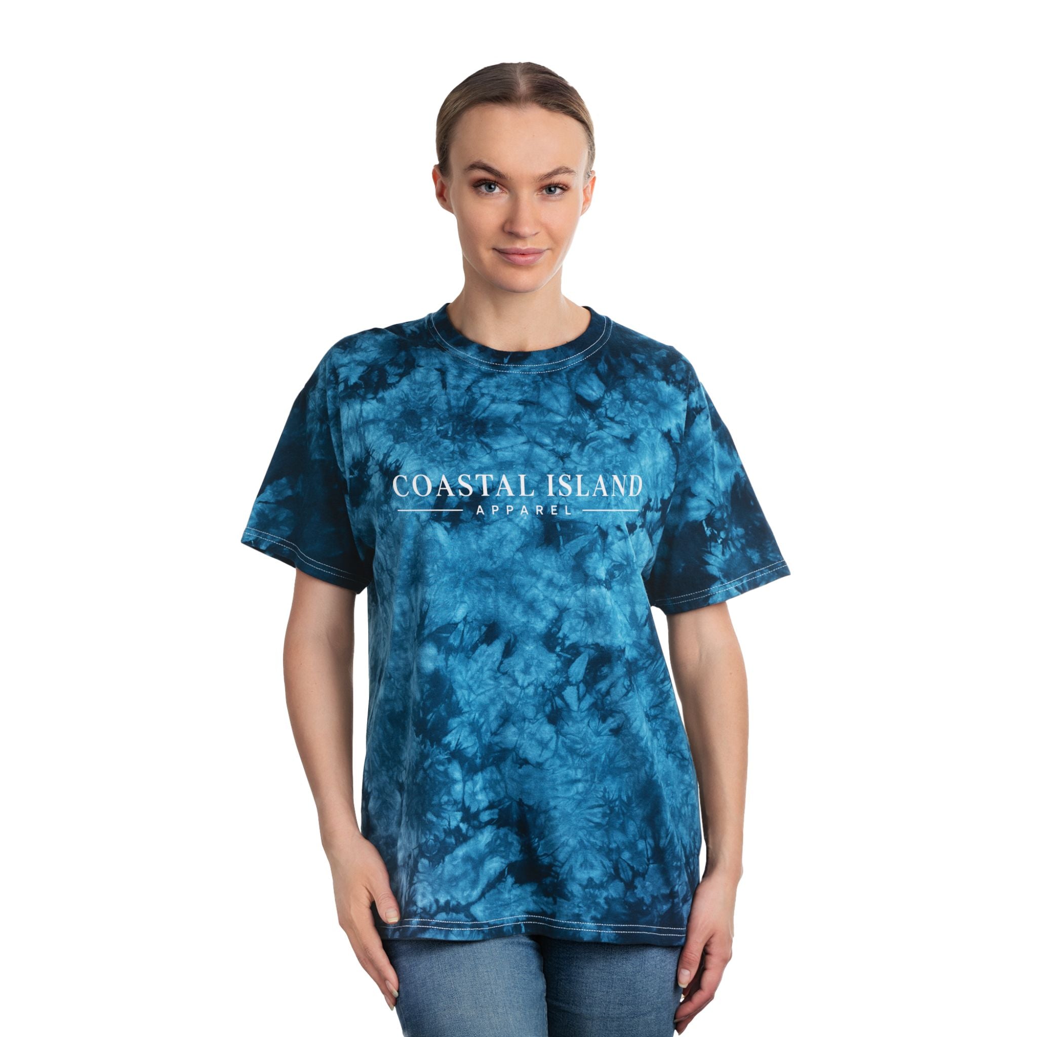 Coastal Island Crystal Tie-Dye Tee — Blue Marble Graphic T-Shirt
