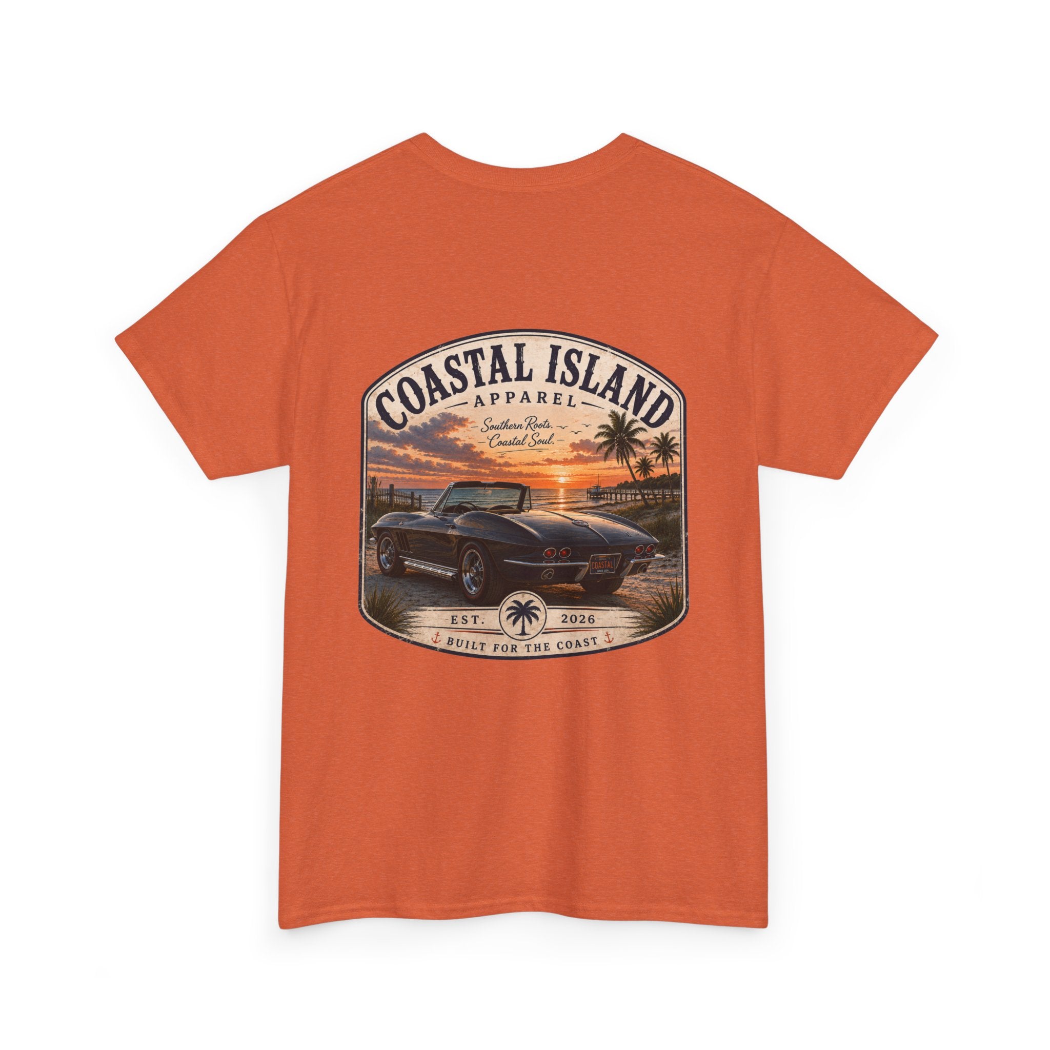 Coastal Island Vintage Car Sunset T-Shirt | Beach Palm Graphic Tee