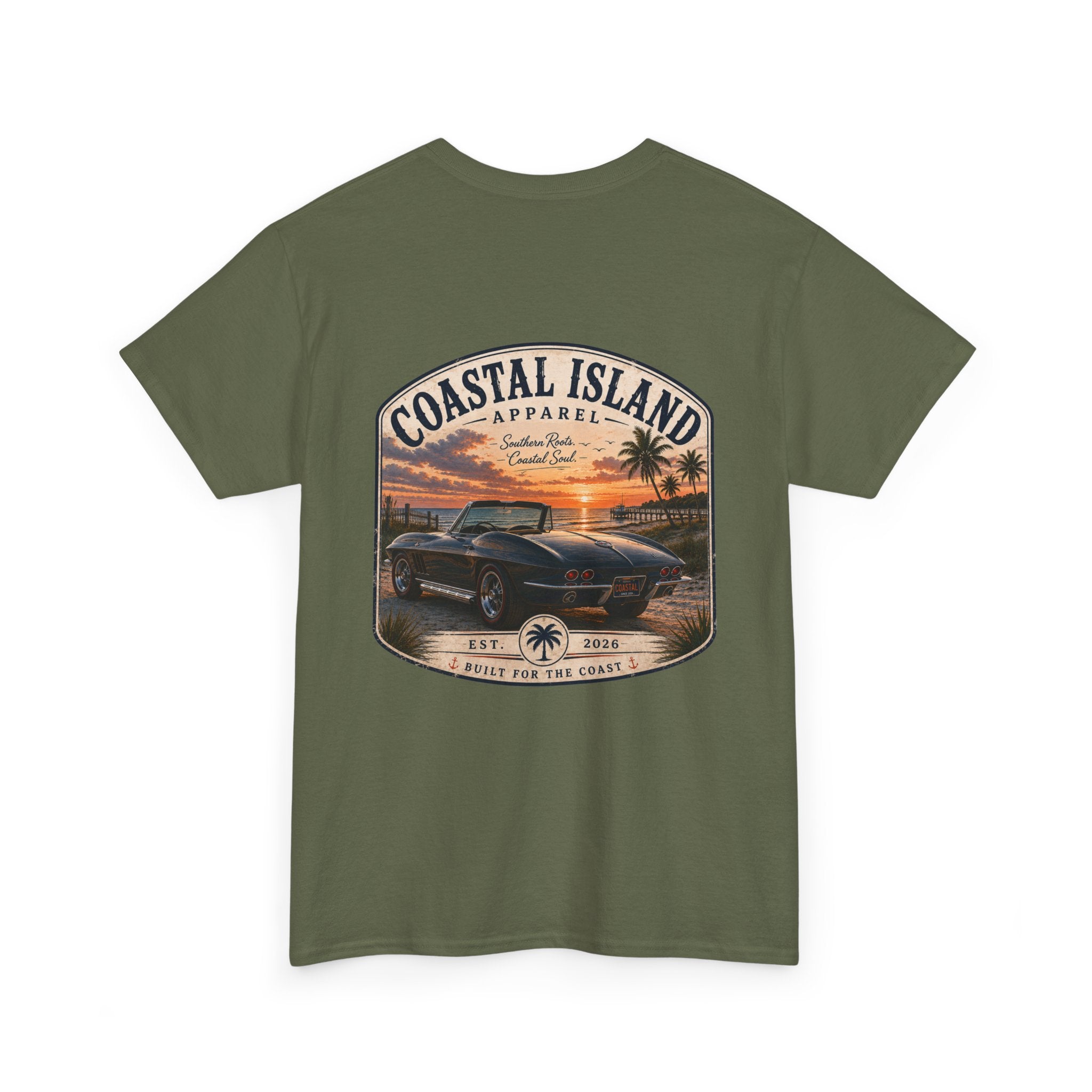 Coastal Island Vintage Car Sunset T-Shirt | Beach Palm Graphic Tee