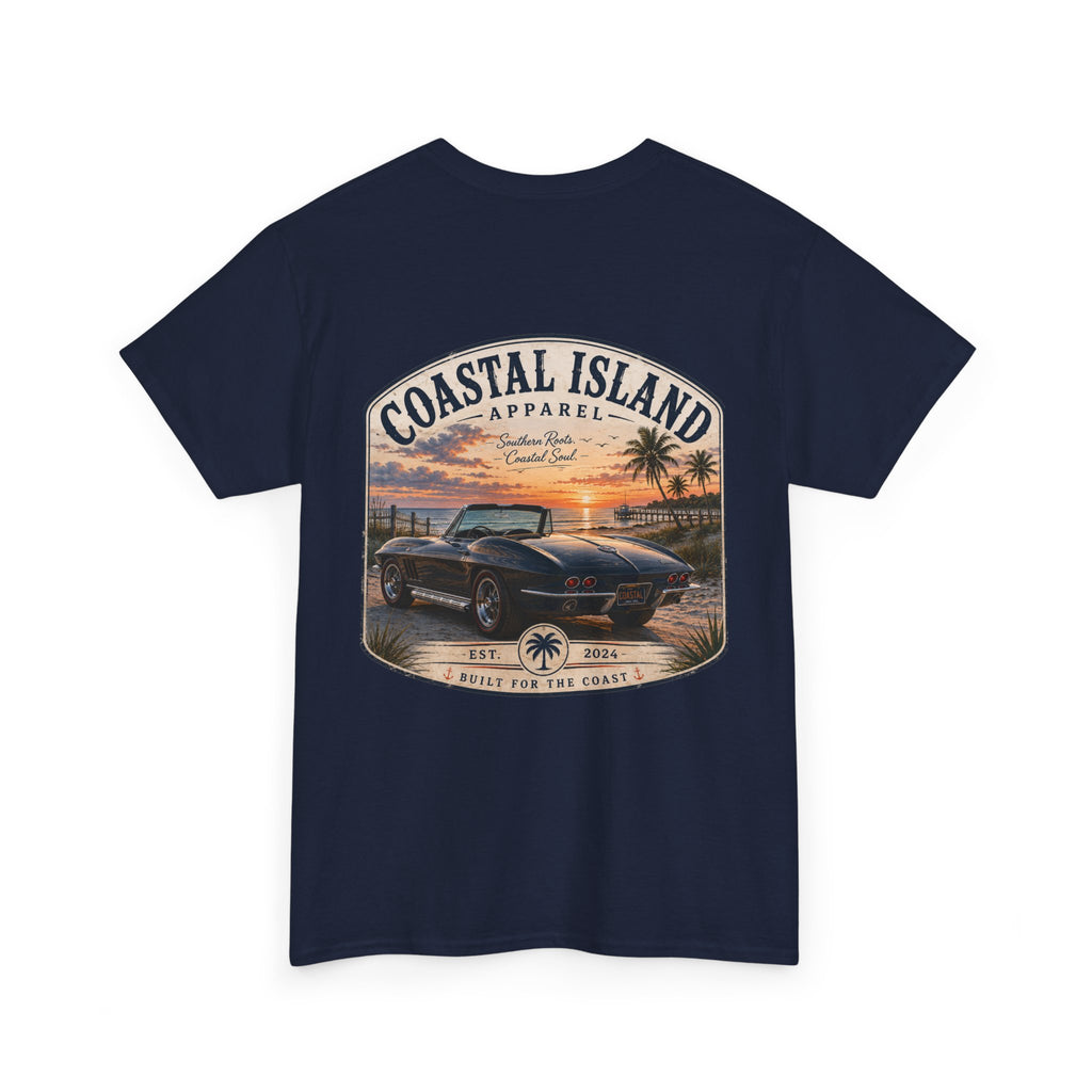 Coastal Island Vintage Car Sunset T-Shirt | Beach Palm Graphic Tee