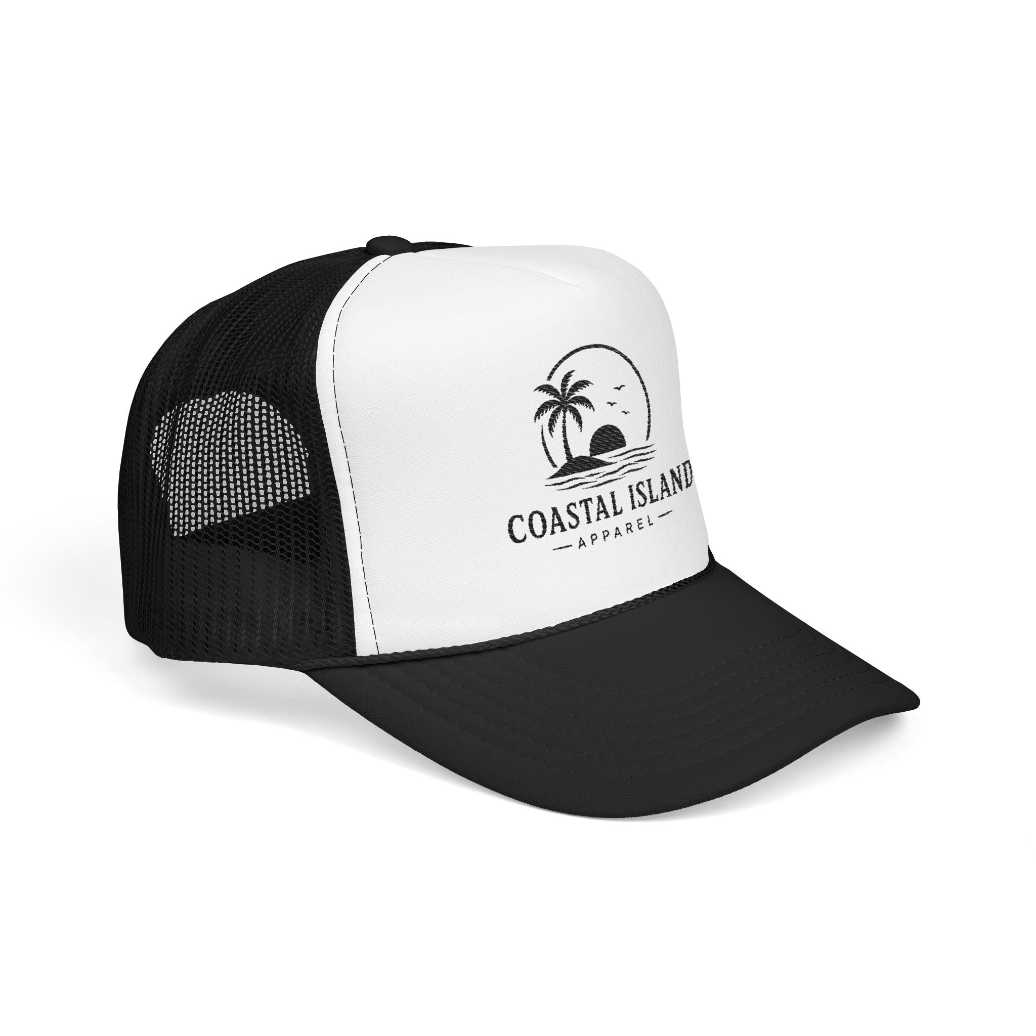 Coastal Island palm sunset Foam Trucker Hat | beach logo cap