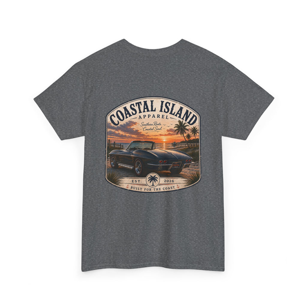 Coastal Island Vintage Car Sunset T-Shirt | Beach Palm Graphic Tee