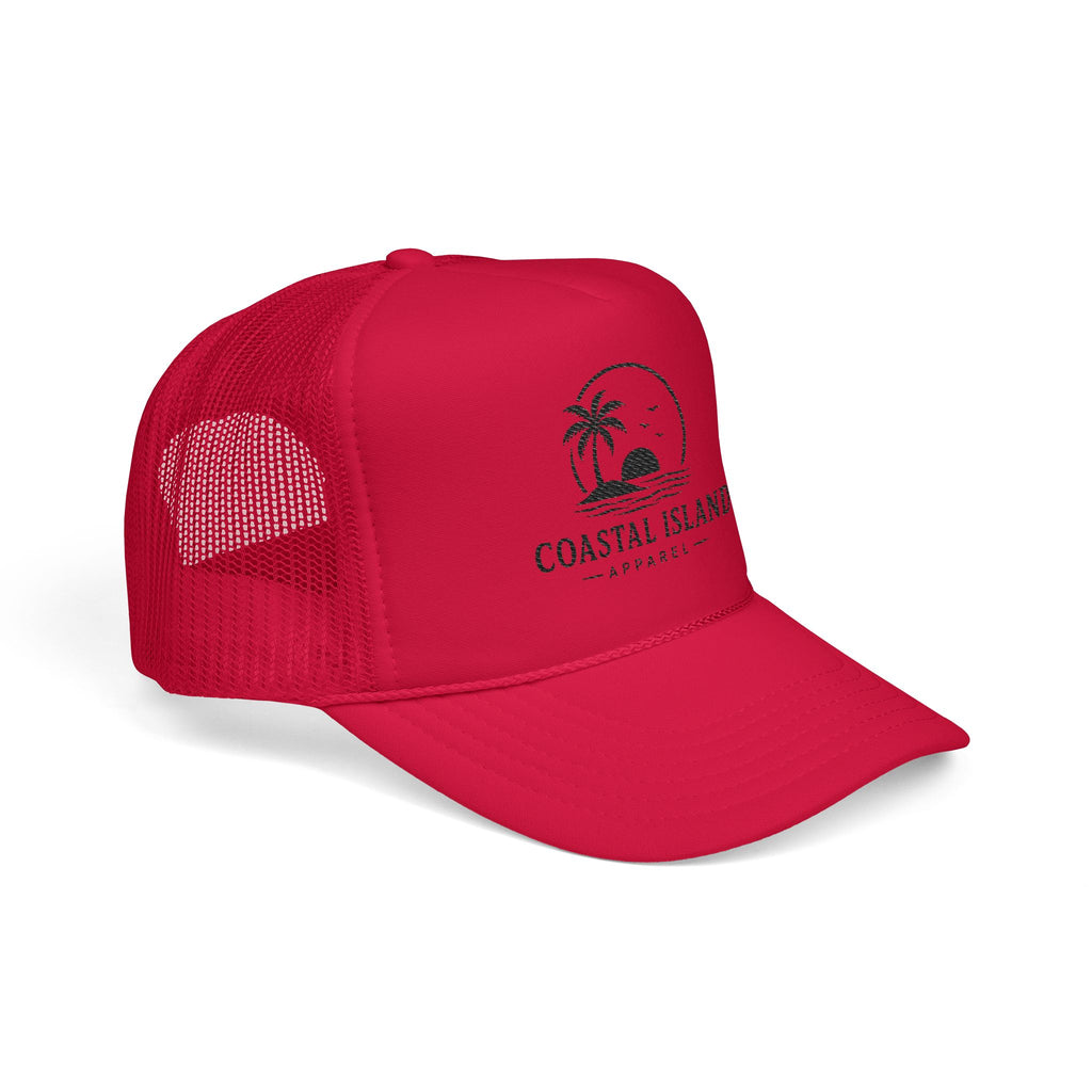Coastal Island palm sunset Foam Trucker Hat | beach logo cap