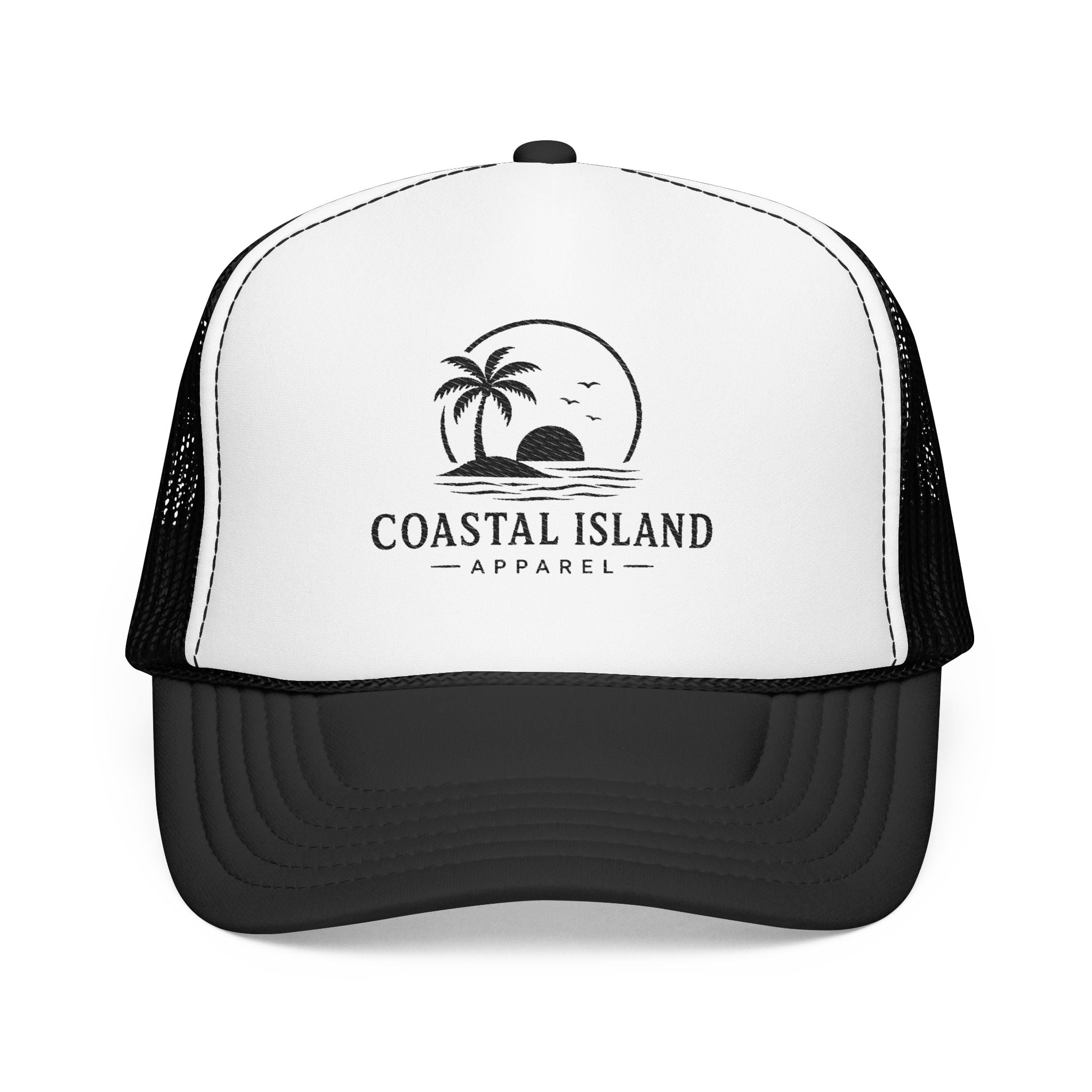 Coastal Island palm sunset Foam Trucker Hat | beach logo cap