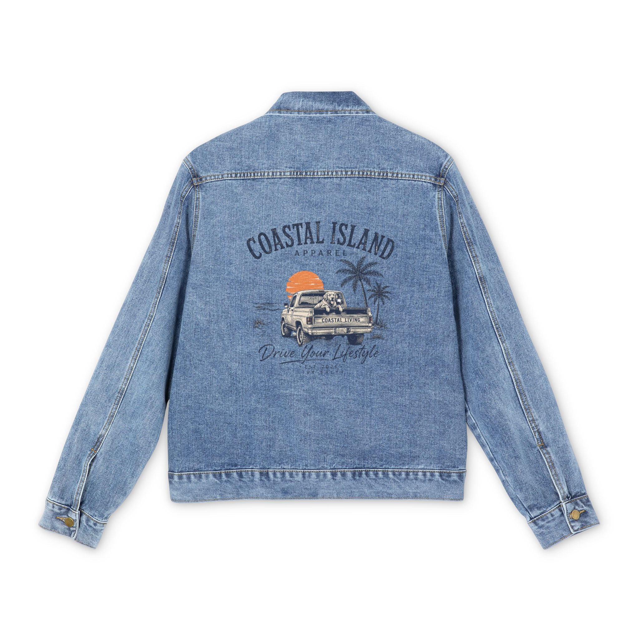 Coastal Island Denim Jacket — Vintage Car & Palm Beach Graphic